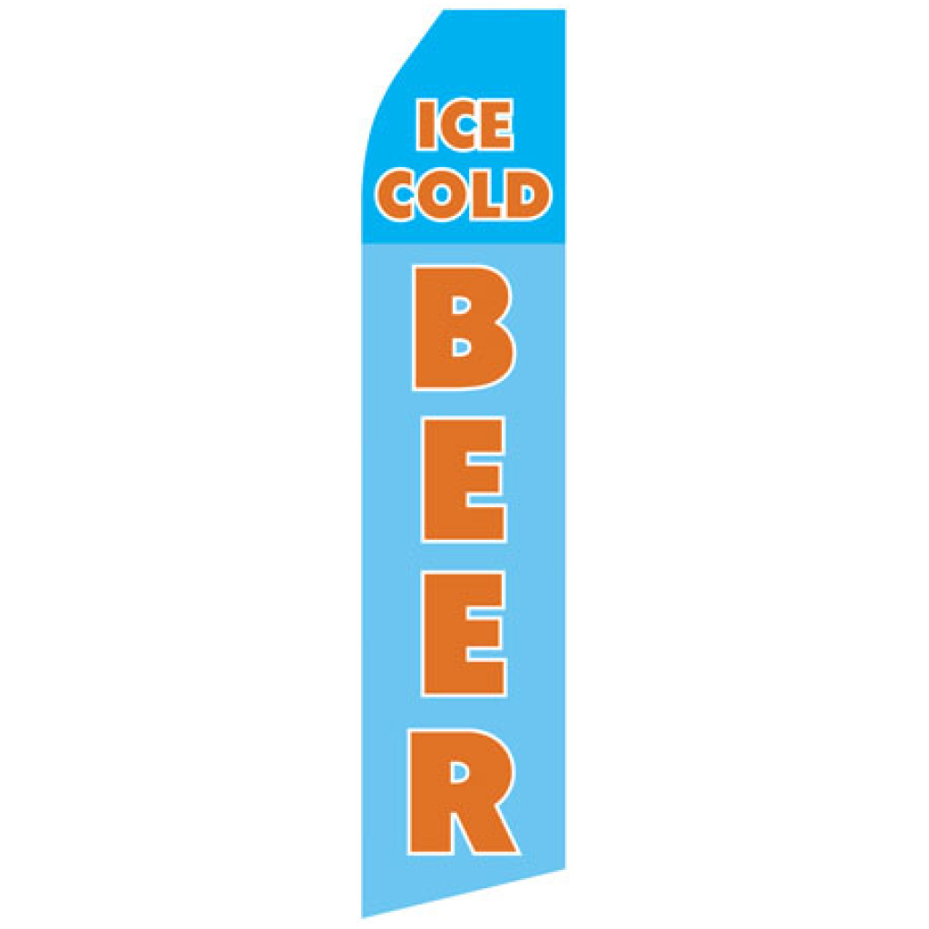 blue econo stock feather flag with ice cold beer in brown text