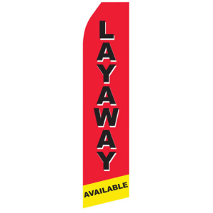 red econo stock feather flag with layaway in black text