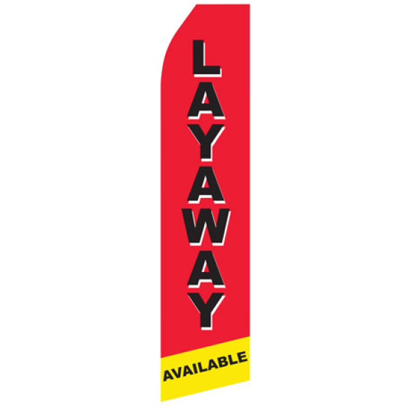 red econo stock feather flag with layaway in black text