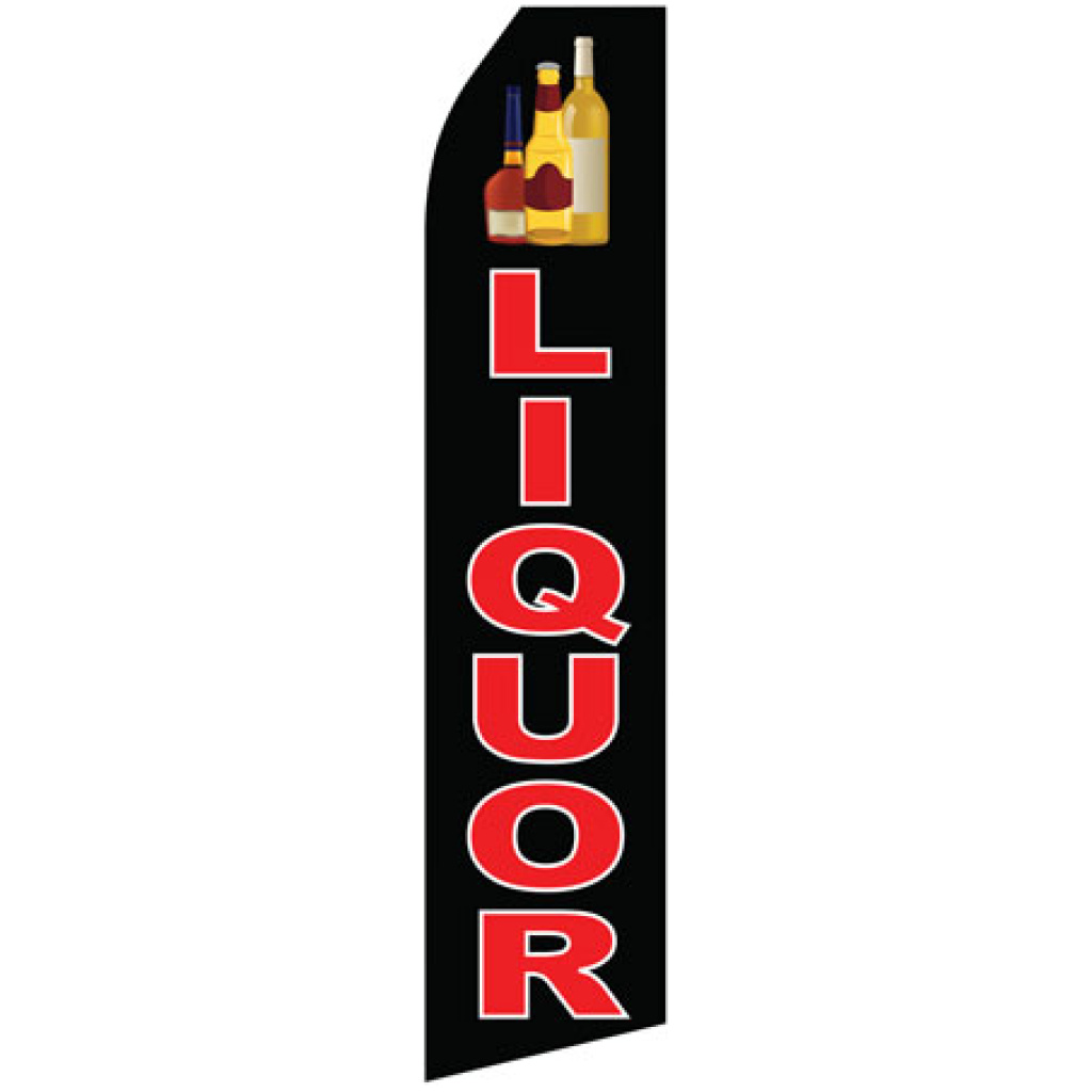 black econo stock feather flag with liquor text in red with white outline