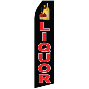 black econo stock feather flag with liquor text in red with white outline